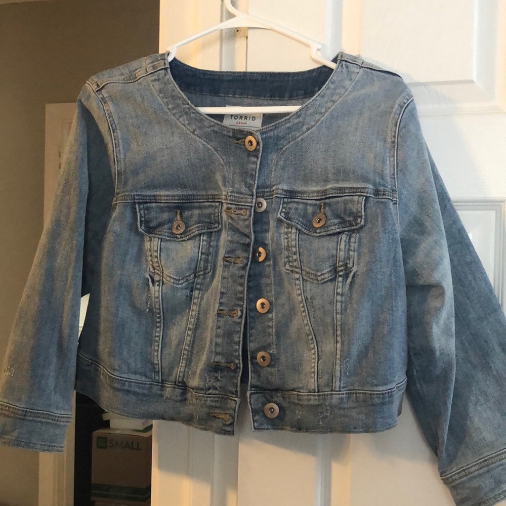Torrid distressed, crop style denim jacket